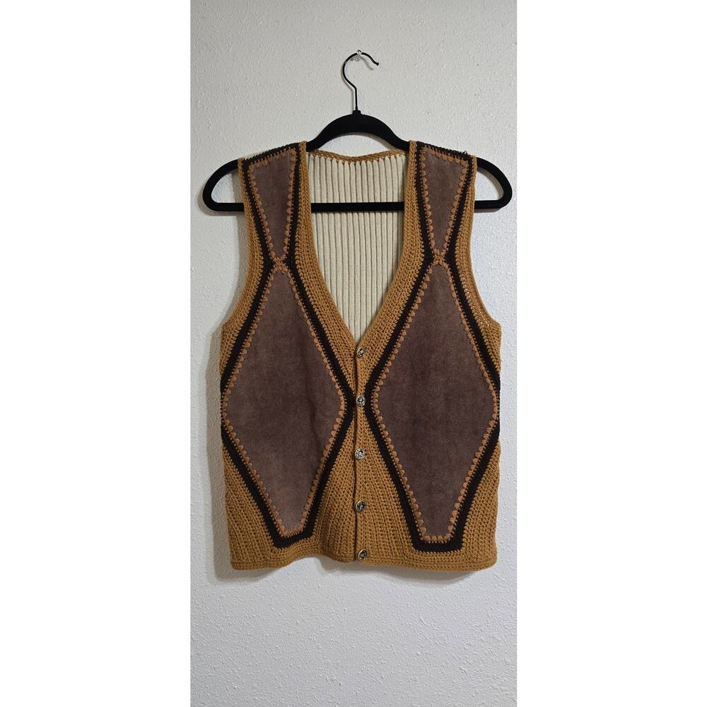 Vintage 70s Handmade Crochet Suede Vest Boho Hippie Antonio Cleopatra Buttons Sm